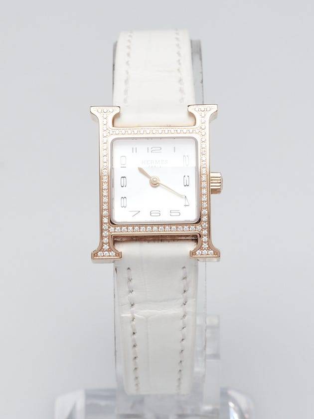 Hermes 21mm 18k Rose Gold and Diamond White Alligator Heure H Quartz Watch HH1.173