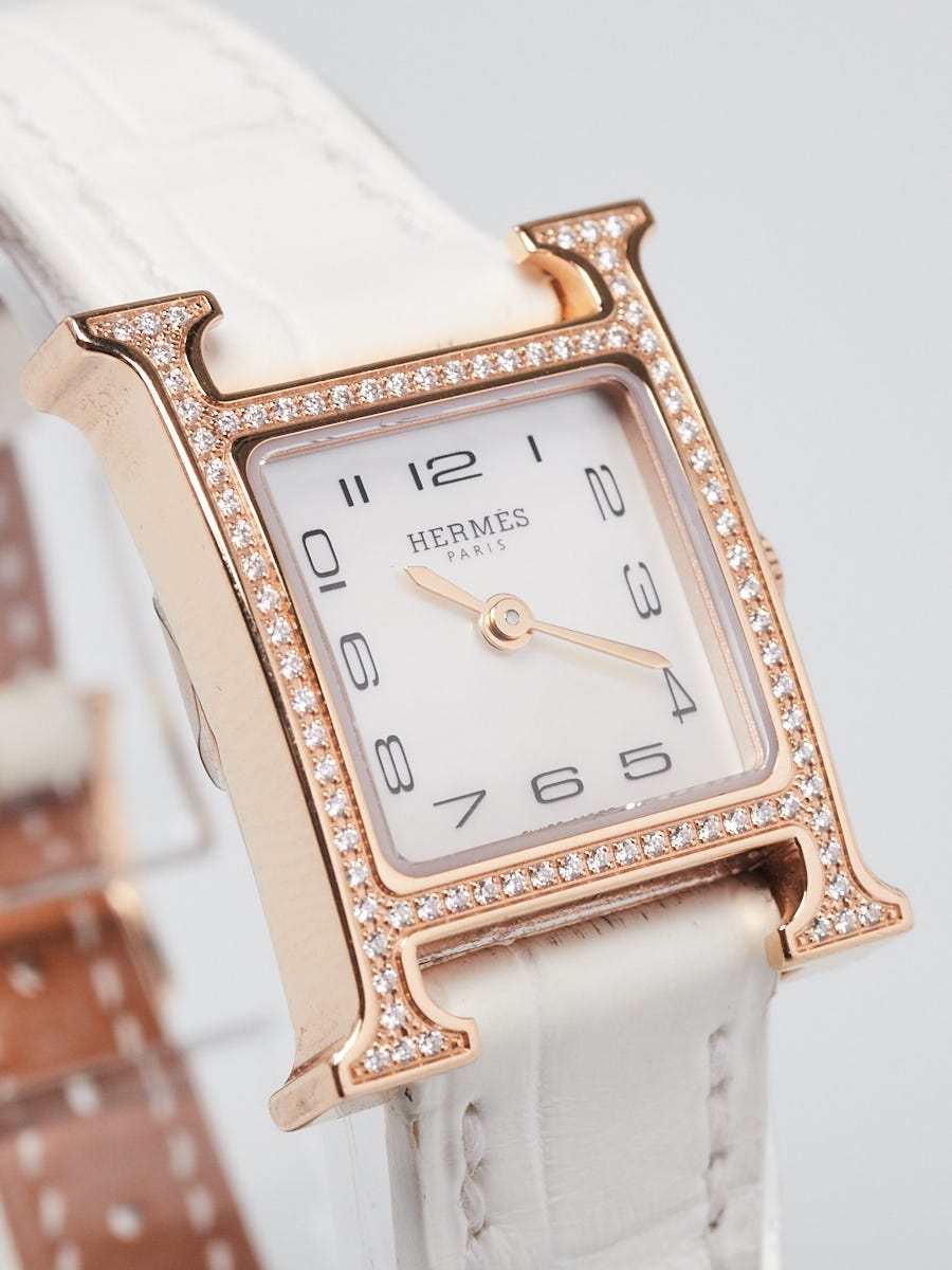 Hermes 21mm 18k Rose Gold and Diamond White Alligator Heure