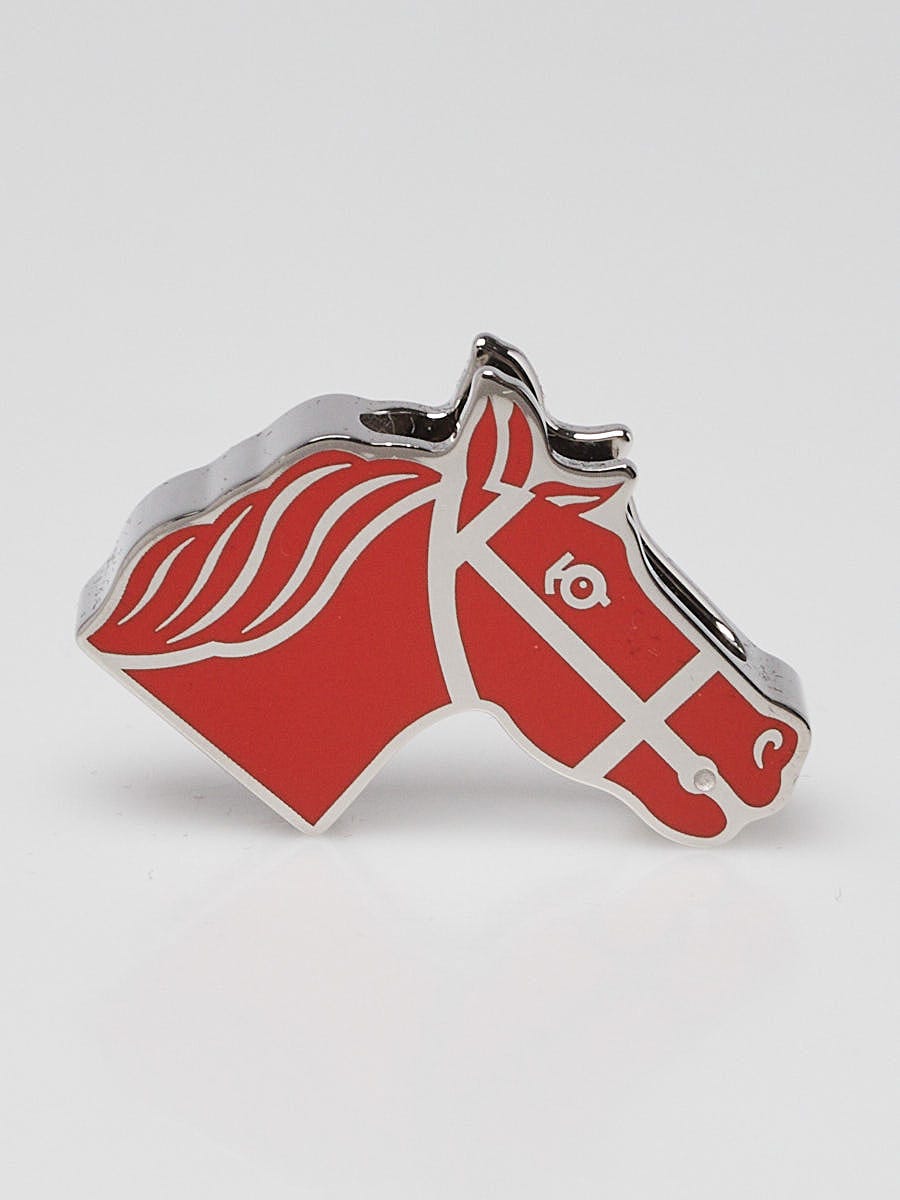 Hermes Red Enamel and Palladium Plated Horse Head Twilly