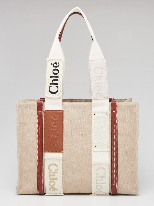 Chloe Beige/Brown Canvas Mixed Media Medium Woody Tote Bag