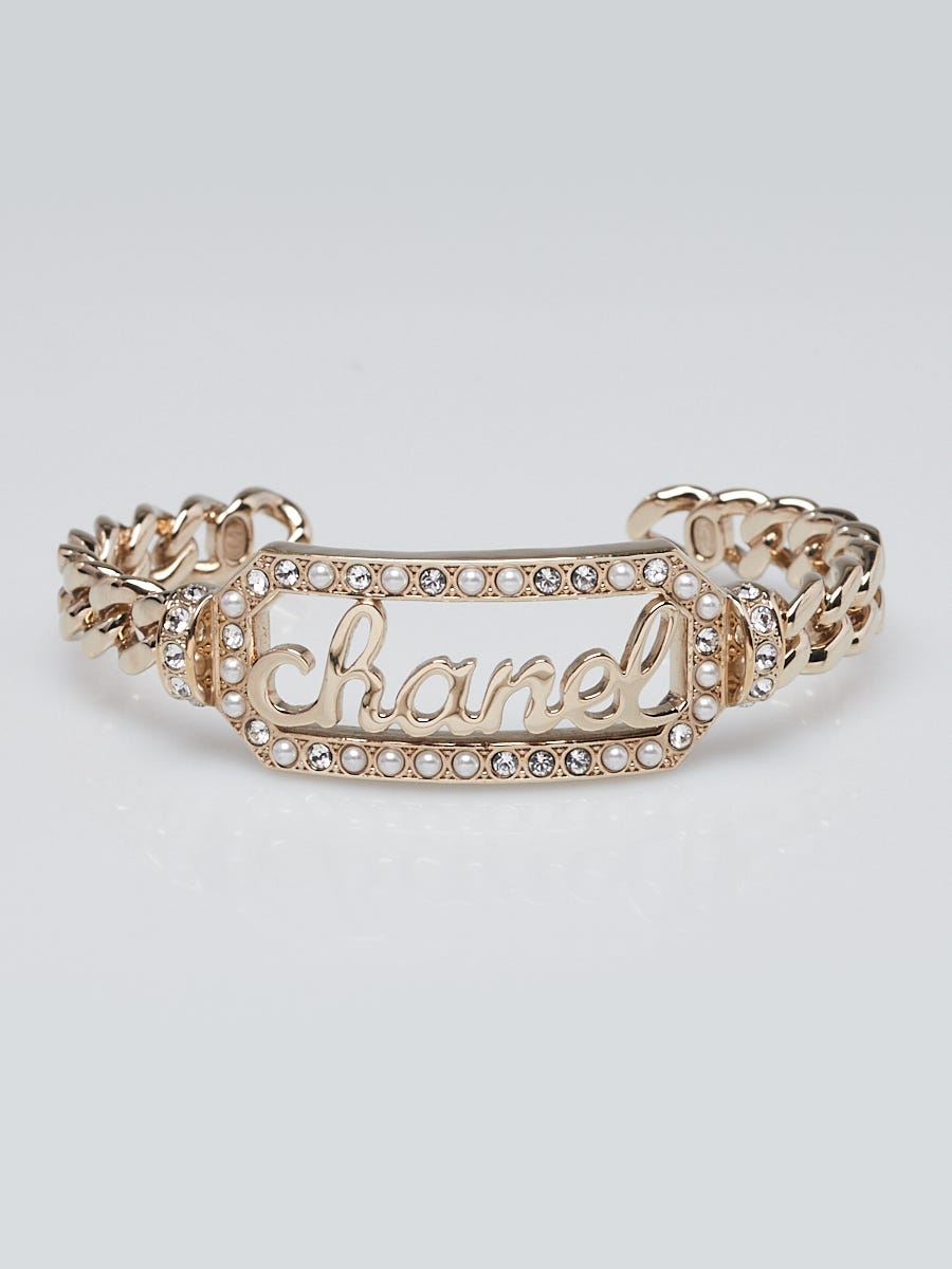 Chanel Goldtone Chain and Faux Pearl Logo Cuff Bracelet