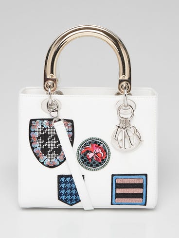 Christian Dior White Leather Embroidered Medium Lady Dior Bag