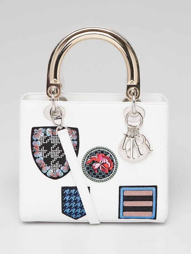 Christian Dior White Leather Embroidered Medium Lady Dior Bag