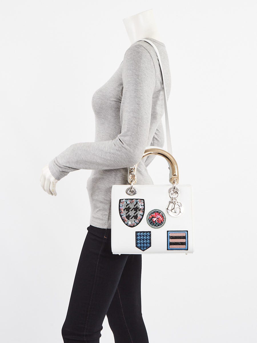 Christian Dior White Leather Embroidered Medium Lady Dior Bag