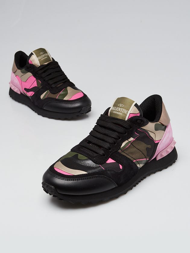 Valentino Black/Pink Camo Print Leather and Suede Rockstud Sneakers Size 4.5/35