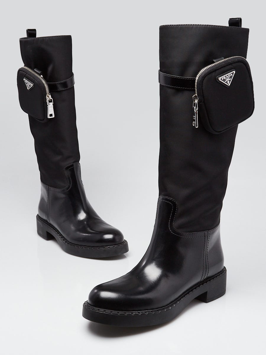 Prada Black Re Nylon/Leather Riding Boots with Pouches Size 9.5/40