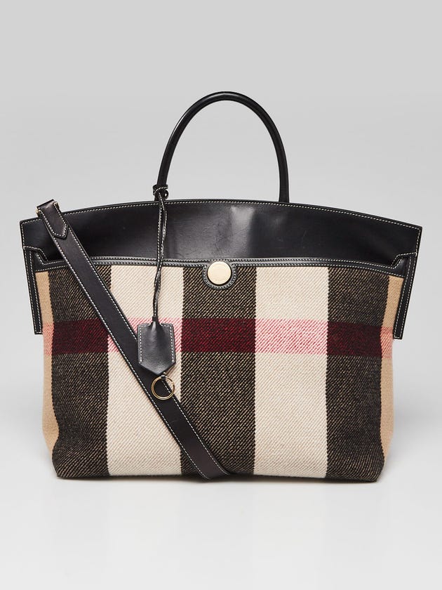 Burberry Black Leather Check Wool Medium Society Tote Bag