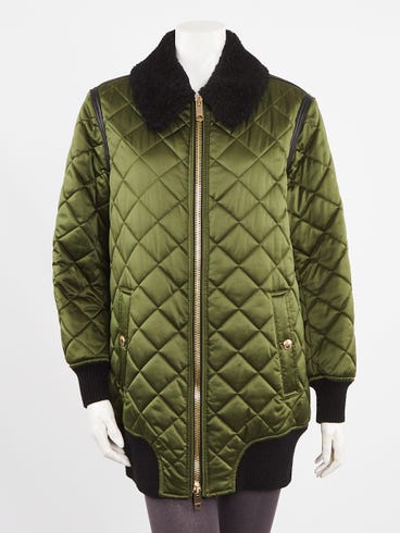 Burberry Olive Green Quilted Polyester Shearling Collar Tetbury Jacket Size M