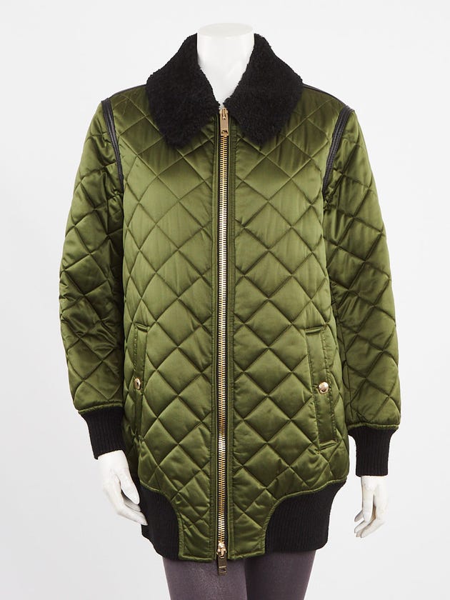 Burberry Olive Green Quilted Polyester Shearling Collar Tetbury Jacket Size M
