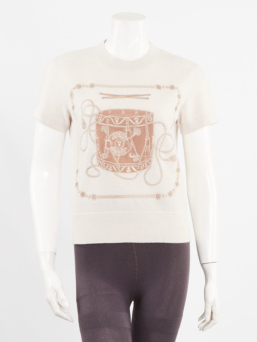 Hermes Beige Wool 'Les Tambours' Short Sleeve Sweater Size 38/6