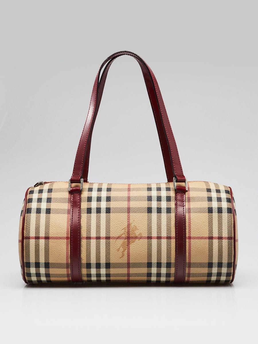 Burberry Red Leather Haymarket Check Coated Canvas Barrel Bag Yoogi s Closet