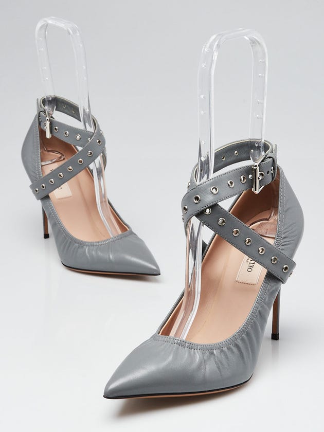 Valentino Grey Elastic Leather Grommet Studded Love Latch Ankle Wrap Pumps Size 7.5/38