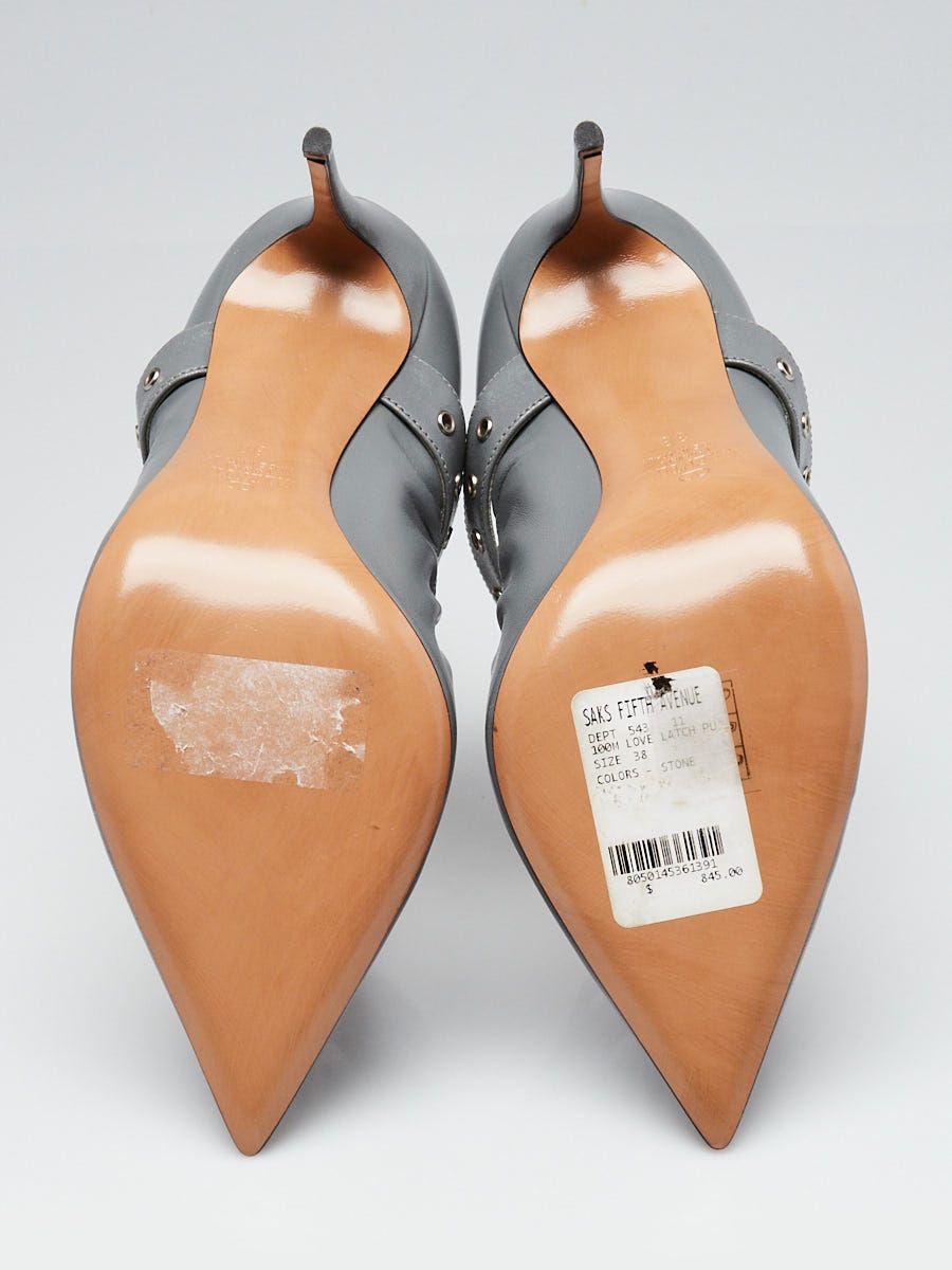 Valentino Grey Elastic Leather Grommet Studded Love Latch Ankle Wrap Pumps Size 7.5/38
