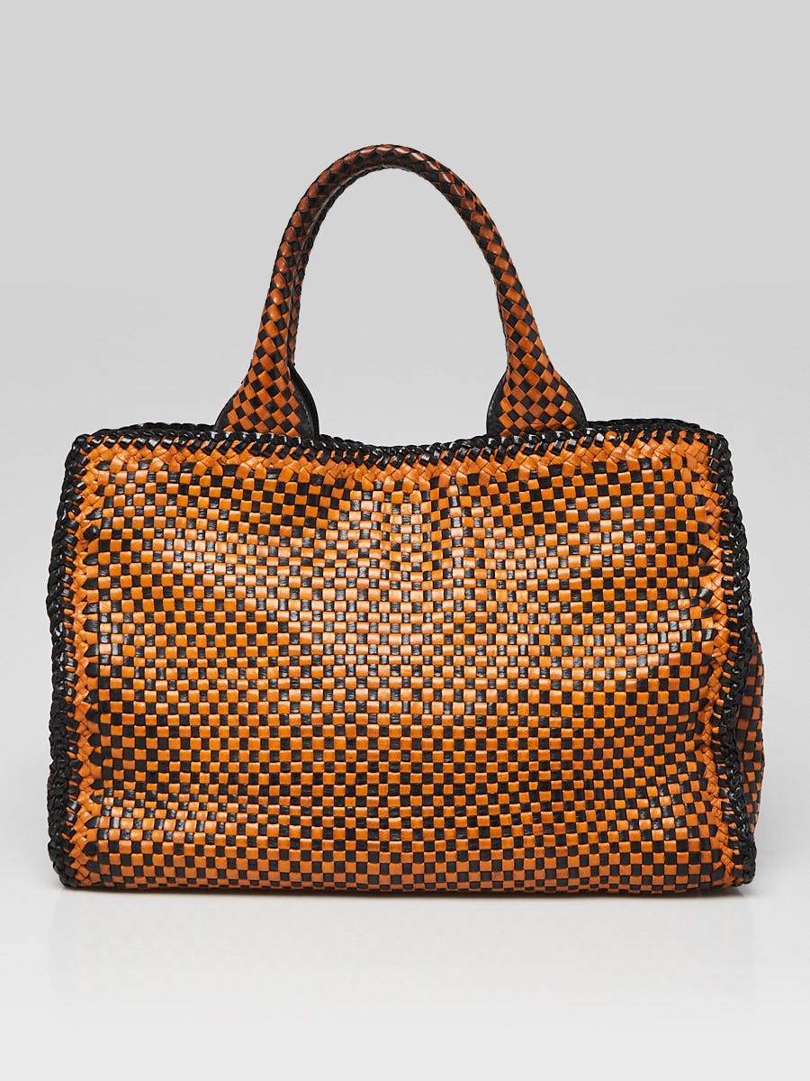 Prada Brown/Black Woven Goatskin Leather Madras Tote Bag | Yoogi's Closet