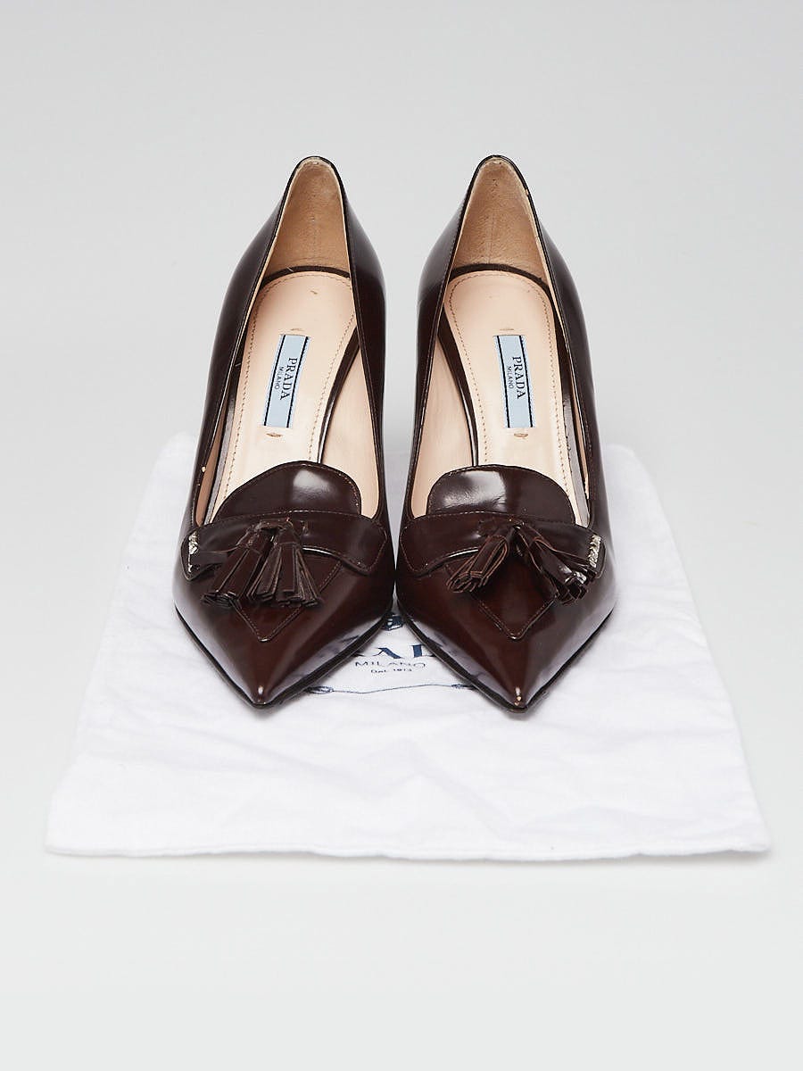 Prada Brown Leather Pointed Toe Tassel Pumps Size 6.5/37 | Yoogi's