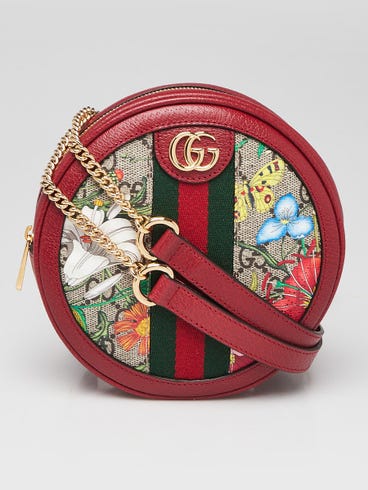Gucci Red Leather GG Flora Coated Canvas Ophidia Round Mini Backpack Bag