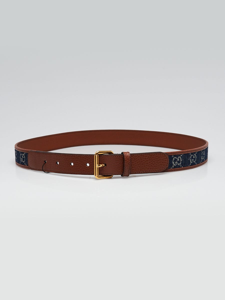Gucci Brown Leather Blue Denim GG Belt Size 95/38 | Yoogi display picture 1