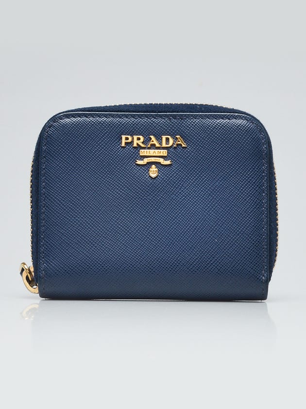 Prada Blue Saffiano Leather Zippy Coin Purse Wallet