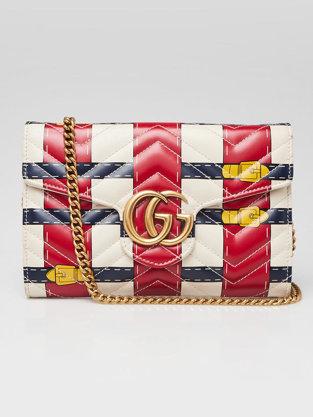 Gucci White Leather Marmont Metalasse Trompe L'oeil Wallet on Chain Bag