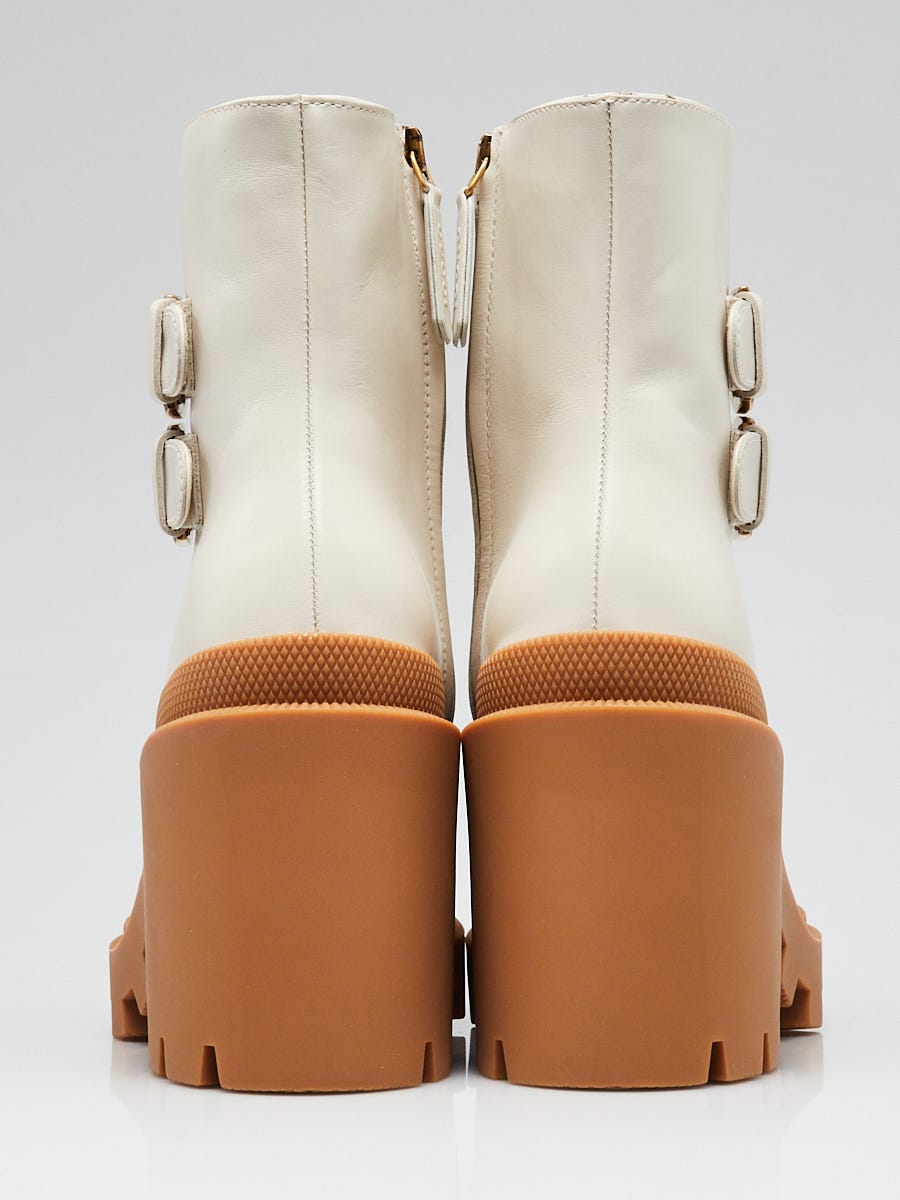 Gucci White Leather GG Supreme Canvas Crystal Buckle Boots Size 6