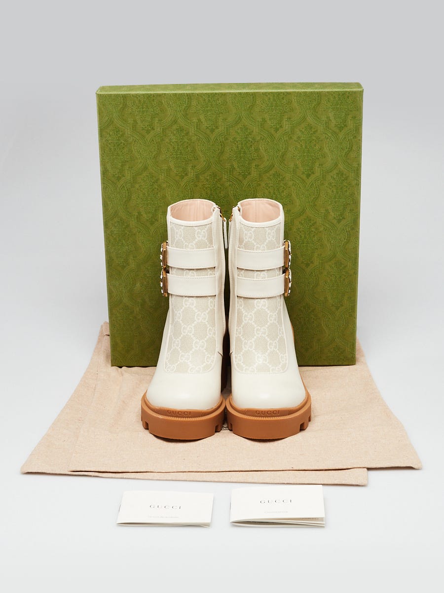 Gucci White Leather GG Supreme Canvas Crystal Buckle Boots Size 6