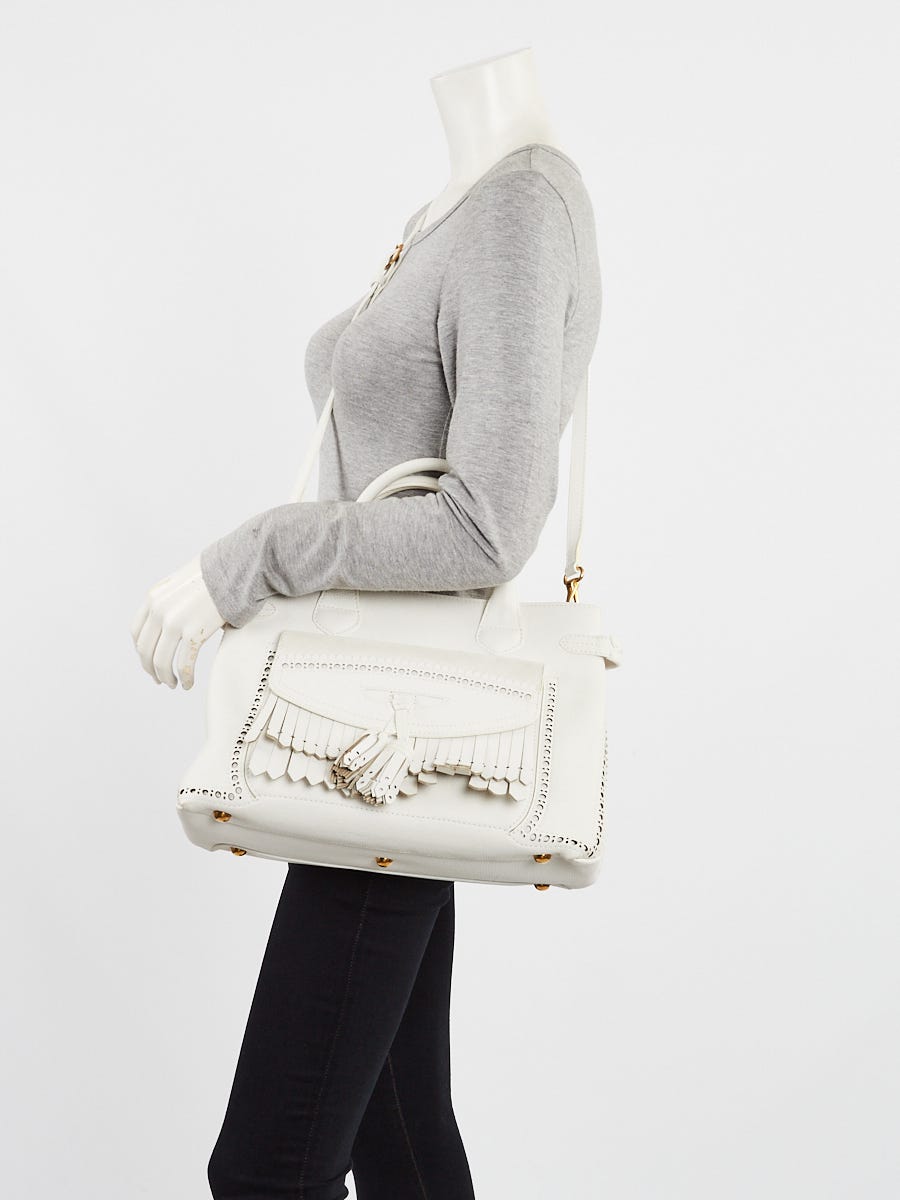 Burberry White Leather House Check Fringe Medium Banner Tote Bag