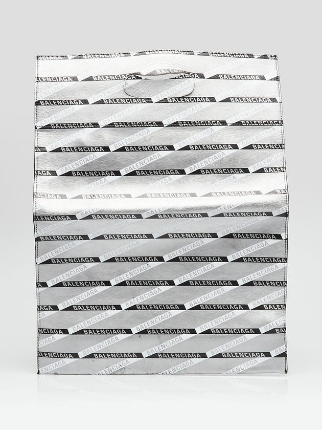 Balenciaga Silver/Black Metallic Leather Plastic Bag Small Shopper Tote Clutch Bag