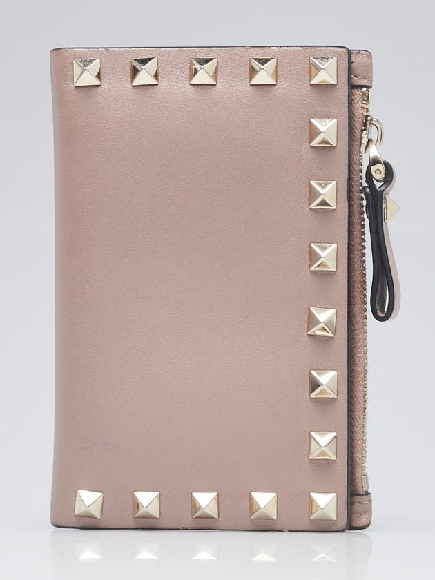 Valentino Beige Leather Rockstud Bi-Fold Compact Wallet