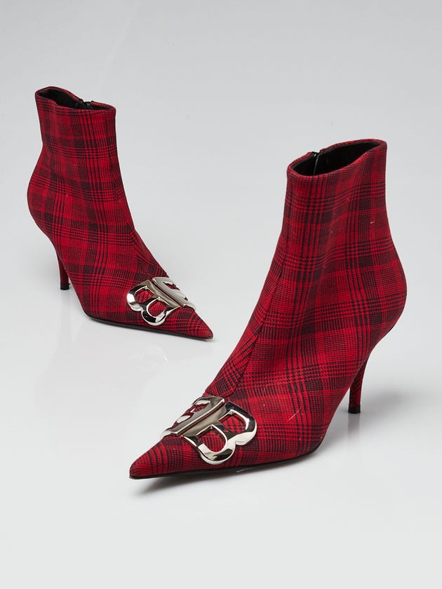 Balenciaga Red/Black Plaid Fabric Knife Kitten Heel Booties 5.5/36