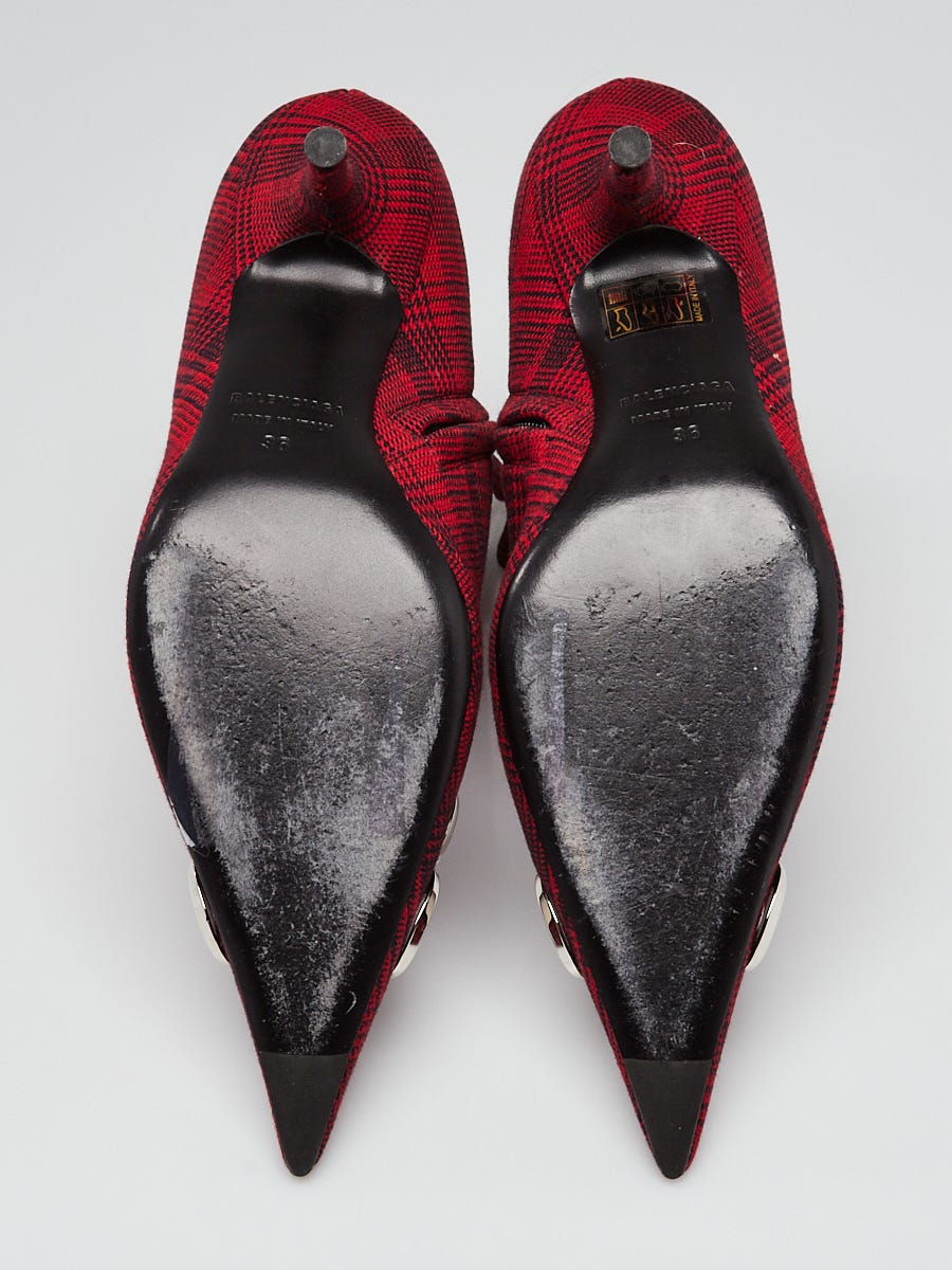 Balenciaga Red/Black Plaid Fabric Knife Kitten Heel Booties 5.5/36