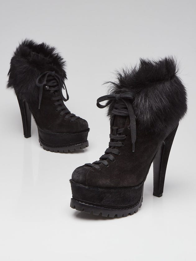 Prada Black Suede and Shearling Platform Booties Size 6.5/37