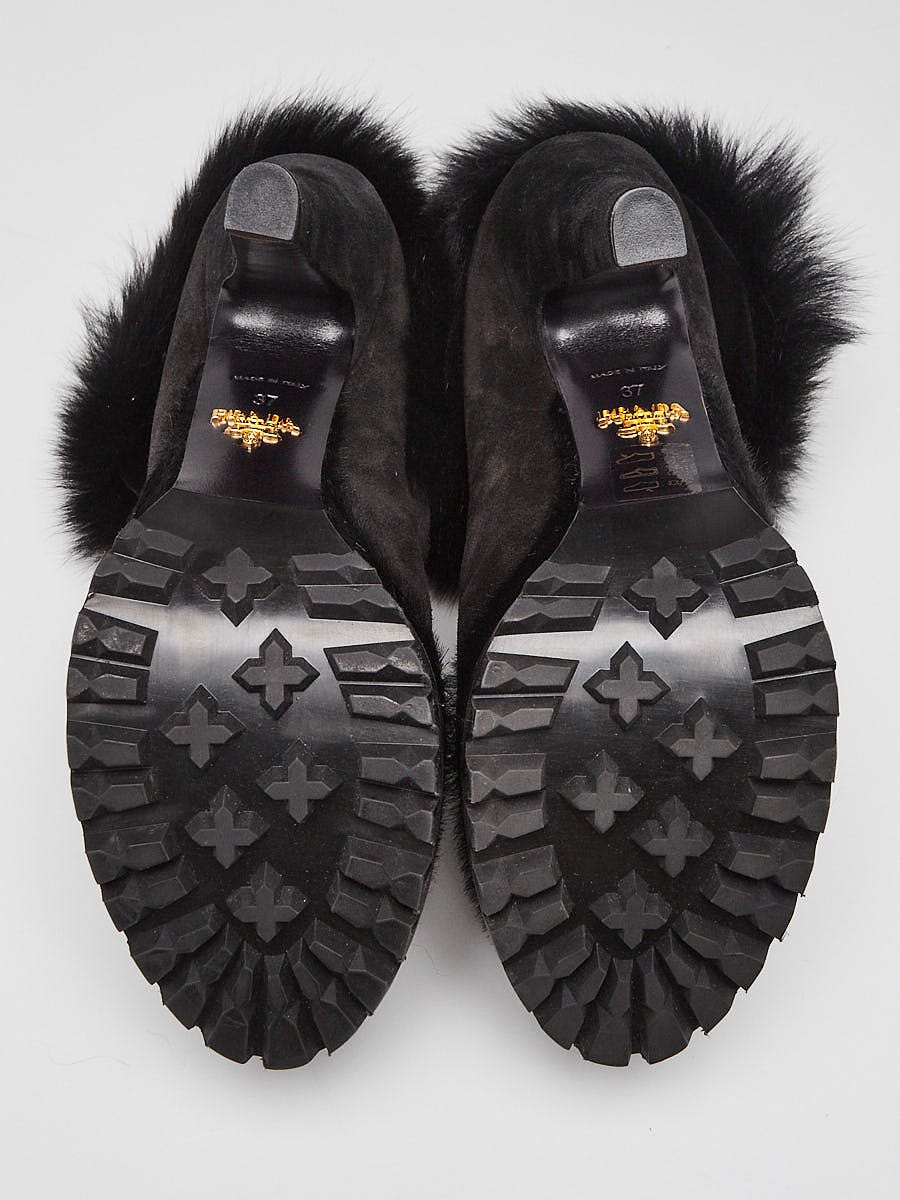 Prada Black Suede and Shearling Platform Booties Size 6.5/37
