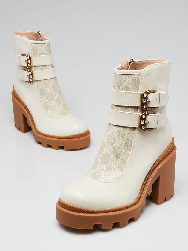 Gucci White Leather GG Supreme Canvas Crystal Buckle Boots Size 5.5/36