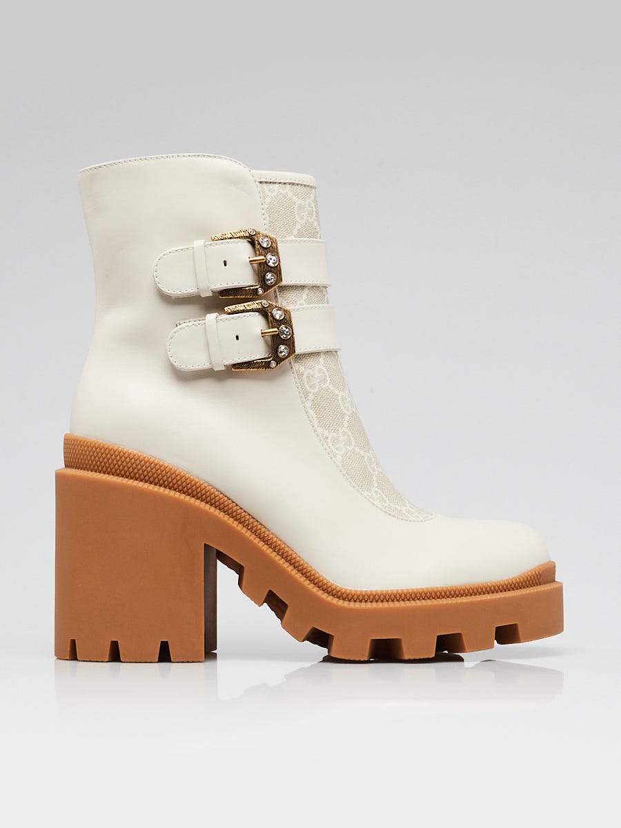 Gucci White Leather GG Supreme Canvas Crystal Buckle Boots Size