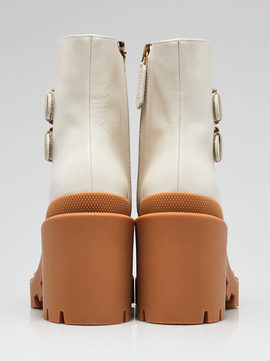Gucci White Leather GG Supreme Canvas Crystal Buckle Boots Size