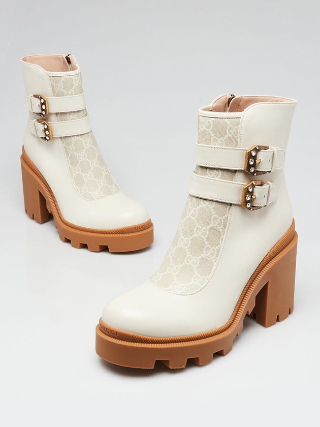 Gucci White Leather GG Supreme Canvas Crystal Buckle Boots Size 10/40.5