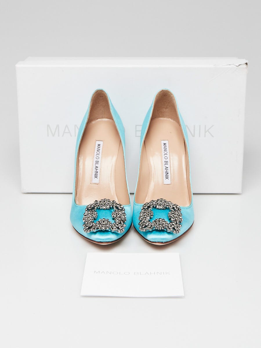 Manolo Blahnik Light Blue Satin Hangisi Crystal Pumps Size