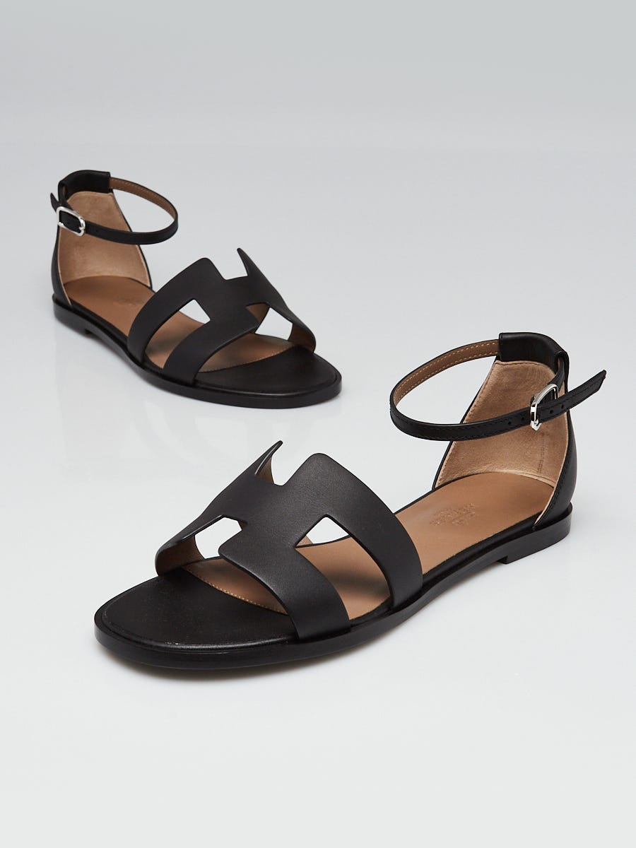 【大人の余裕を足元に】HERMES Sandales Legend サンダル Noir Hermes Noir Calfskin Leather Santorini Sandals Size 6/36.5