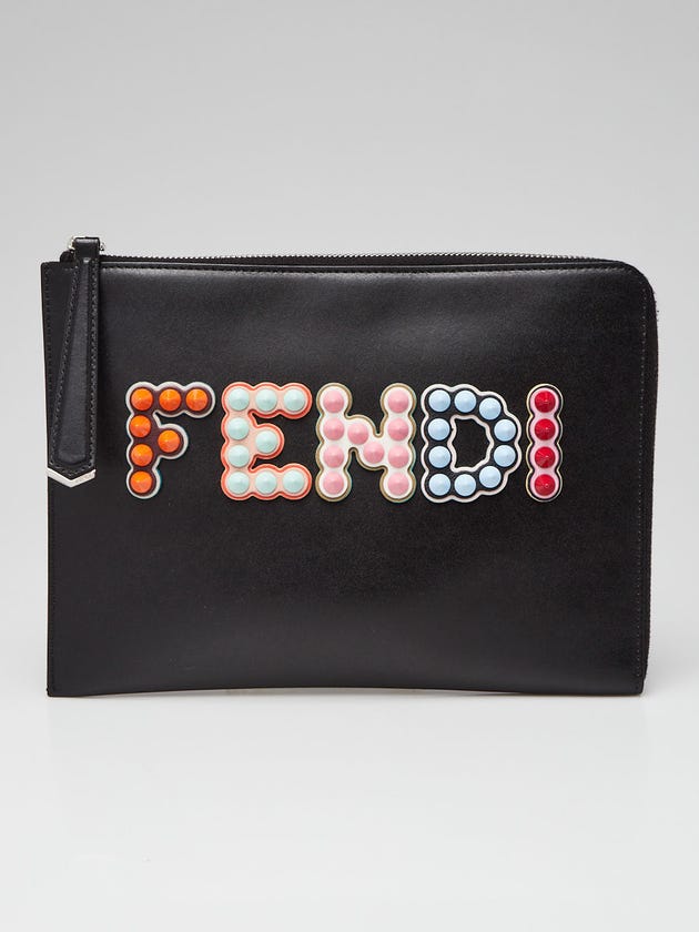 Fendi Black Leather Multicolor Studded Zip Clutch Bag - 8M0363