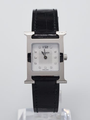 Hermes 25mm Black Alligator Stainless Steel And Diamond Heure H Quartz Watch HH1.238