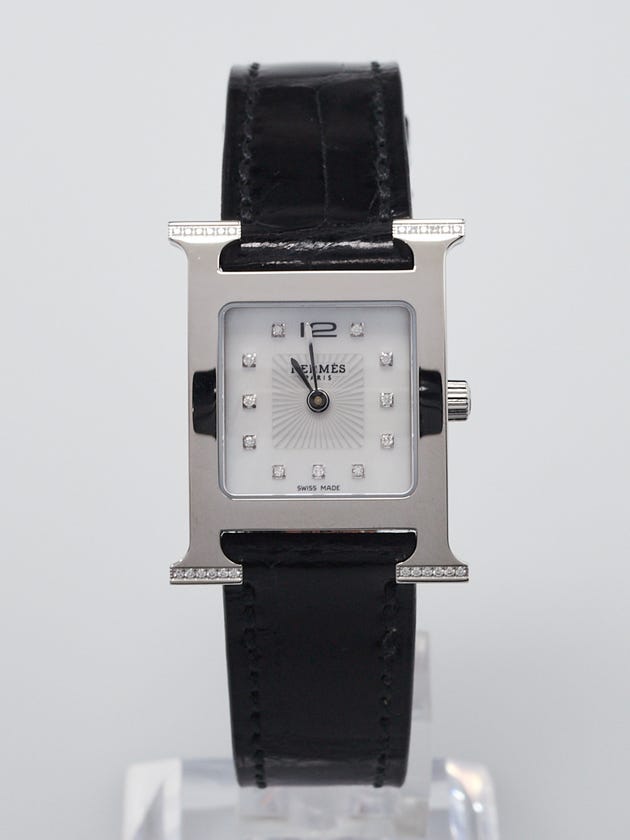 Hermes 25mm Black Alligator Stainless Steel And Diamond Heure H Quartz Watch HH1.238