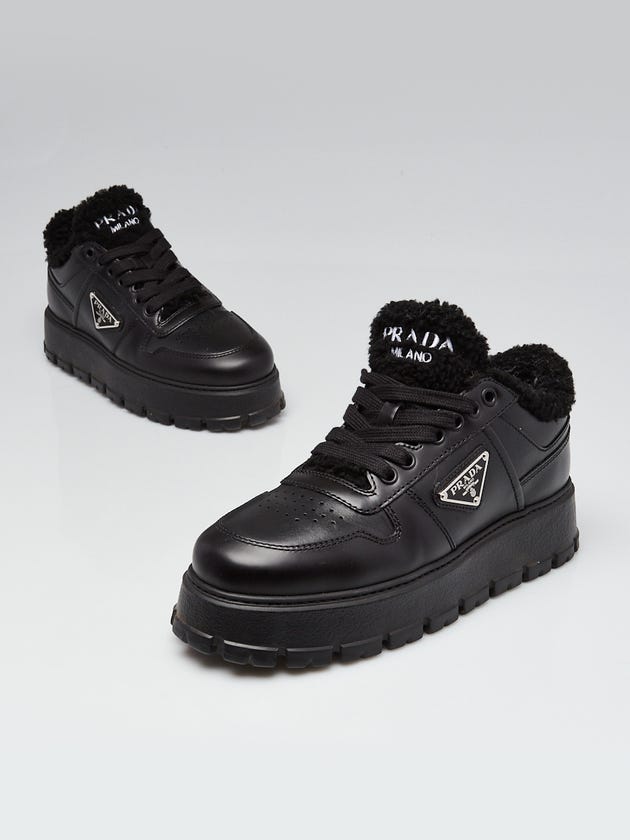 Prada Black Calfskin Leather Shearling Trimmed Platform Sneakers