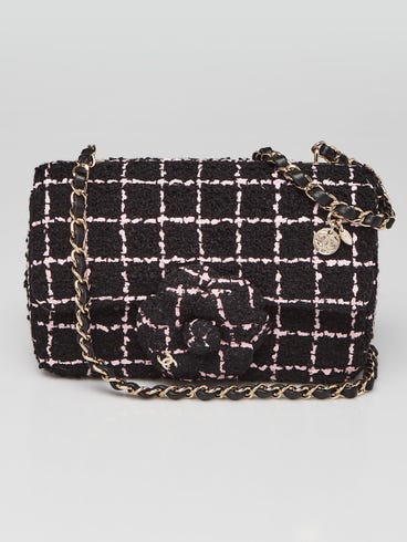 Chanel Black/Pink Wood Tweed Camellia Small Flap Bag