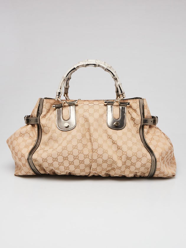 Gucci Beige/Silver GG Canvas and Leather Bamboo Pop Large Satchel Tote Bag