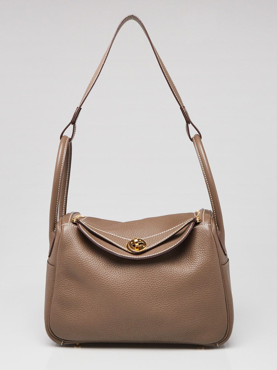 Hermes 26cm Etoupe Clemence Leather Gold Plated Lindy Bag