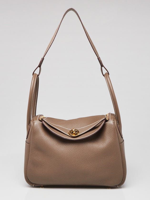 Hermes 26cm Etoupe Clemence Leather Gold Plated Lindy Bag