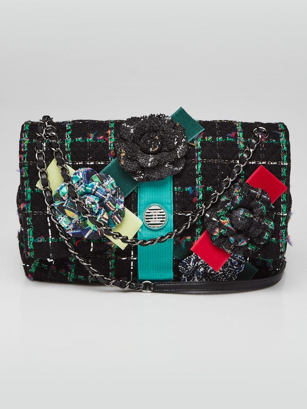 Chanel Black Multicolor Wool Tweed Camellia Flap Bag