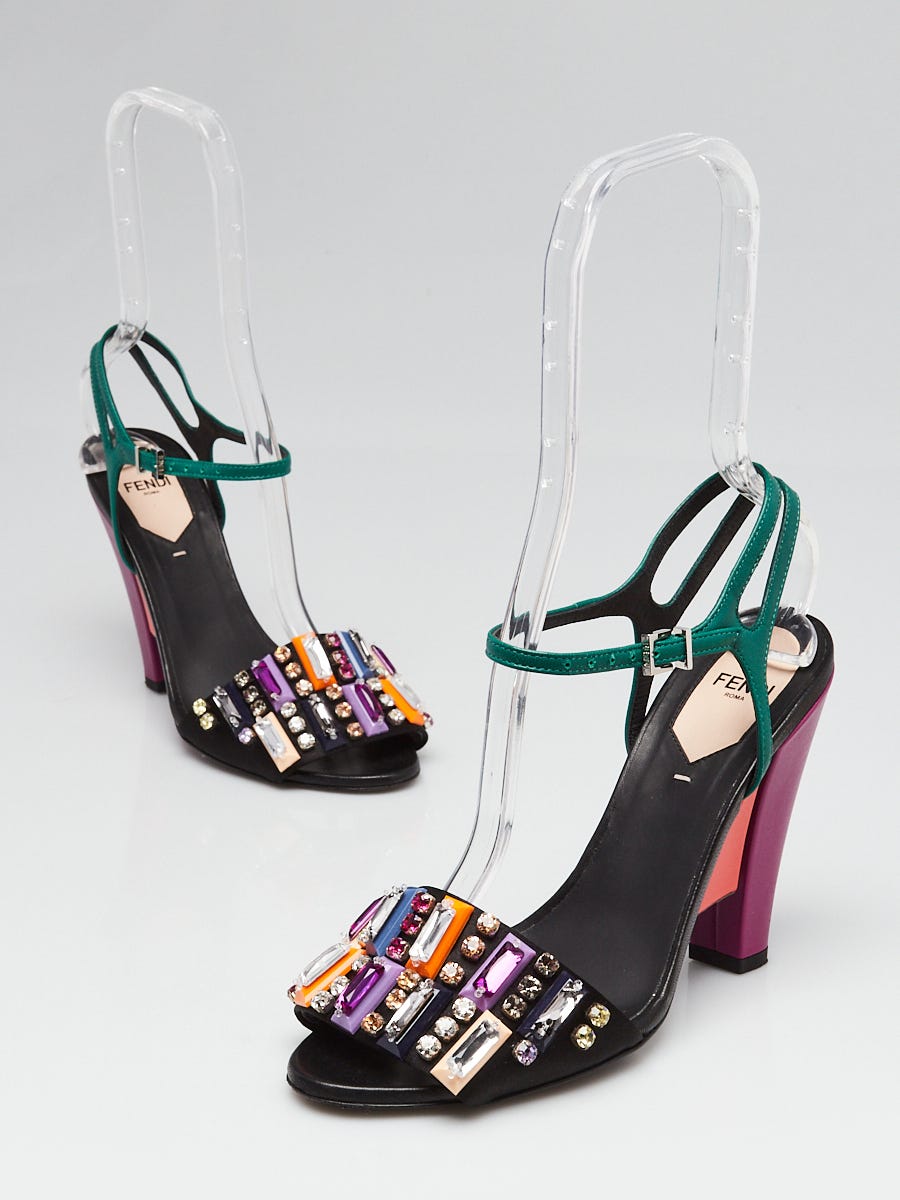 Fendi Multicolor Leather Crystal Colorblock Open Toe Heels Size 7