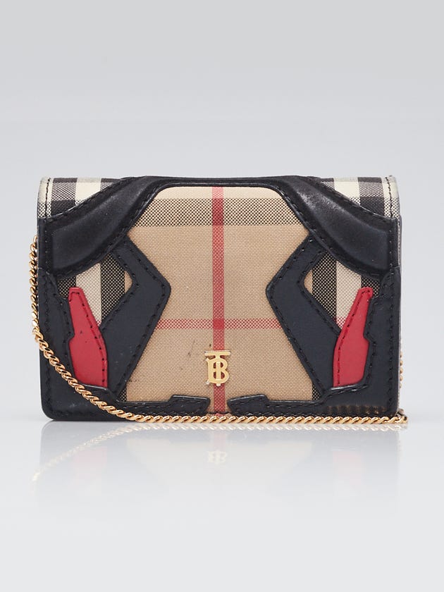 Burberry House Check/Black Leather Jessie Mini Wallet on Chain Bag