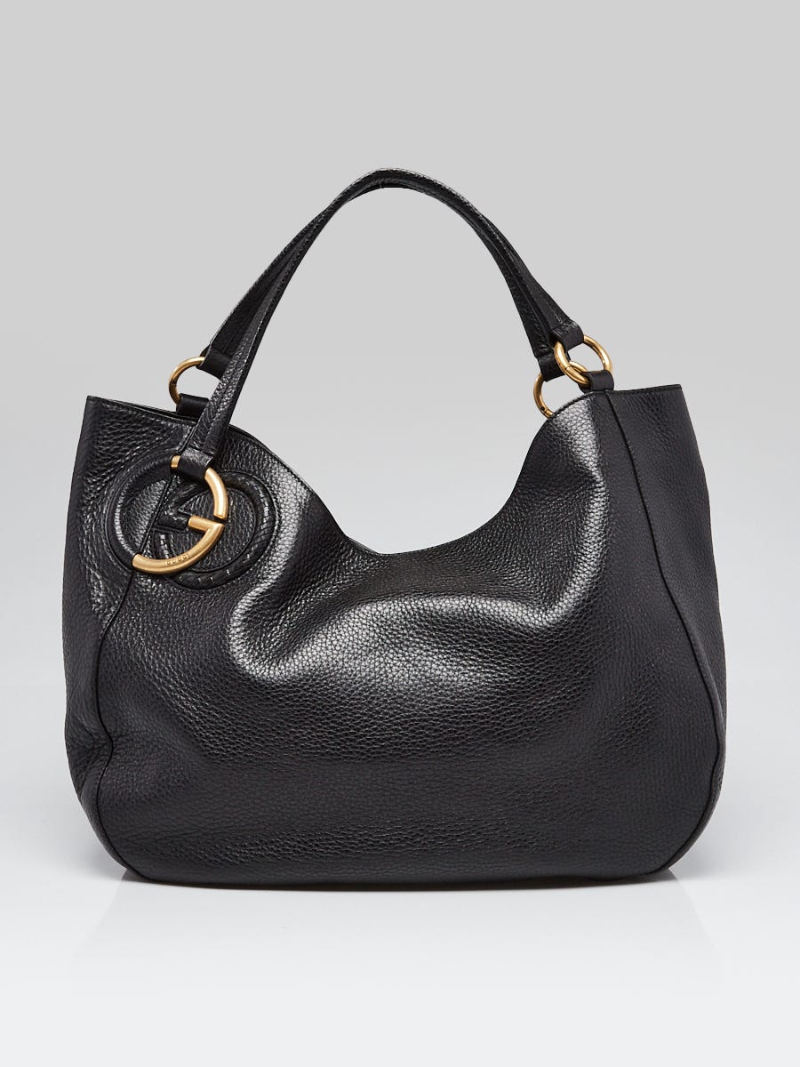 バッグ GUCHI Gucci Black Pebbled Calfskin Leather Twill Large Tote Bag